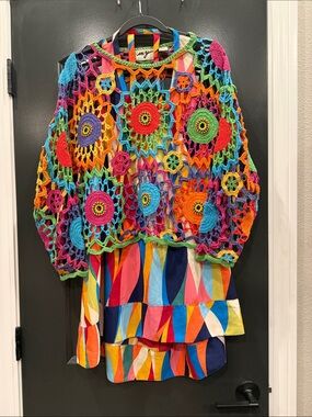 Vintage boho beaded crochet sweater by MY with a vintage Rubber Ducky dress